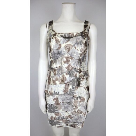 GRAY IVORY BEIGE PRINT SATIN RUFFLE LAYER SHEATH DRESS - LONDON TIMES - SIZE 6P - Picture 1 of 6